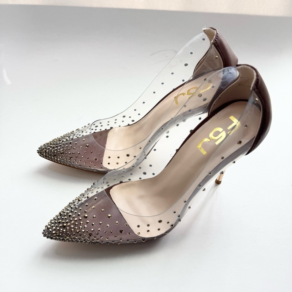 Size 6 Heel FSJ Women’s Studded Transparent Clear High Heel Pumps Brown